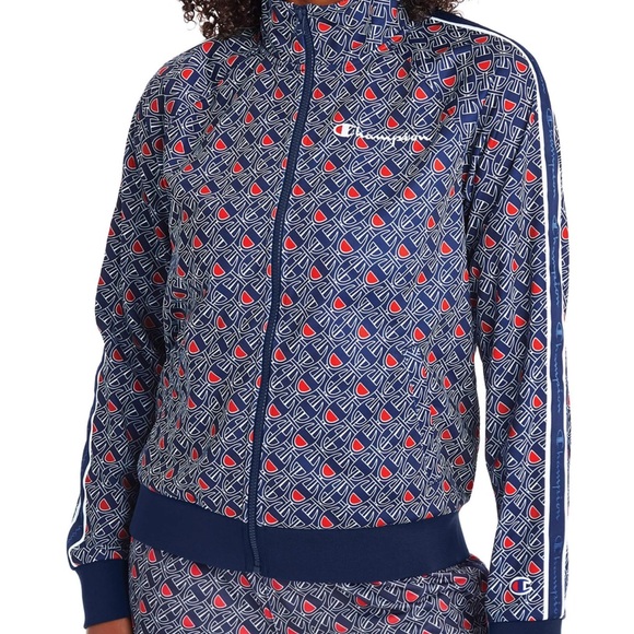 Champion Blue and Red Bomber Jacket with Retro Design all over logo. Size M BNWT - Picture 1 of 5